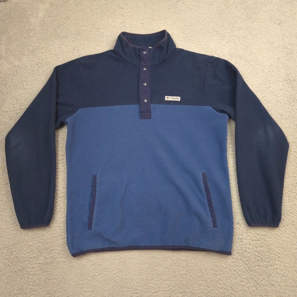 Columbia Fleece Pullover Mens Medium Blue Color Block Snap Neck Pockets‎